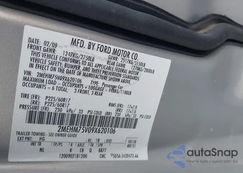 2009 Mercury Grand Marquis Ls (Fleet Only) z USA, uszkodzony, nr VIN 2MEHM75V09X620106